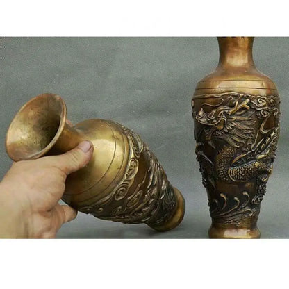 Chinese Dynasty Palace Bronze Copper Feng shui Wealth Dragon Phoenix Bottle Vase