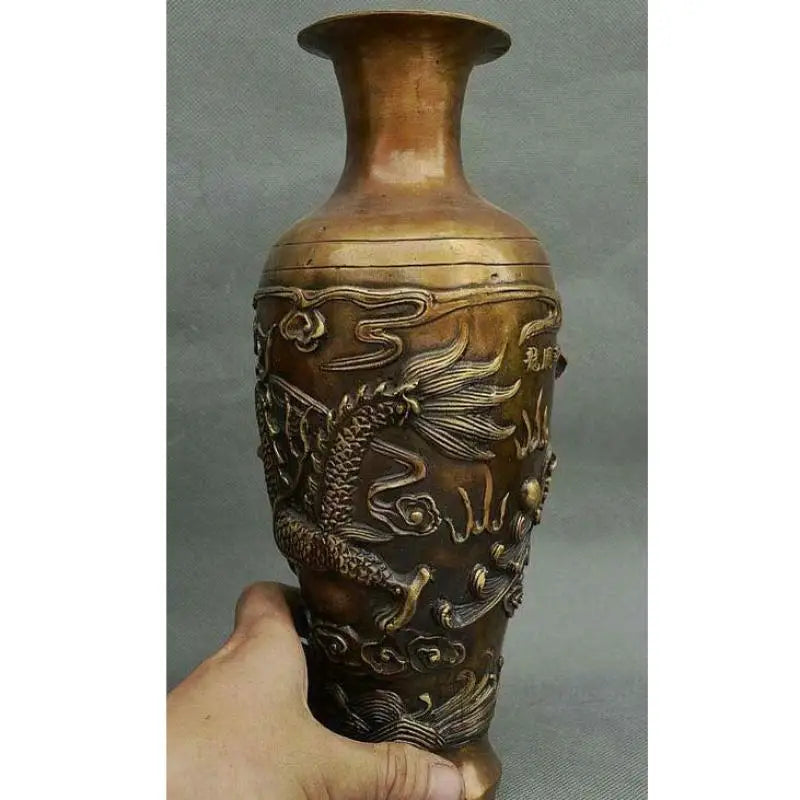 Chinese Dynasty Palace Bronze Copper Feng shui Wealth Dragon Phoenix Bottle Vase