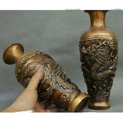 Chinese Dynasty Palace Bronze Copper Feng shui Wealth Dragon Phoenix Bottle Vase