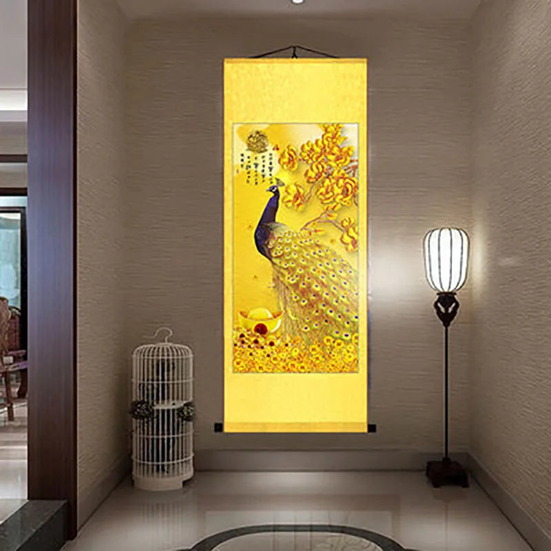 Chinese Elegant Art Peacock Phoenix Painting Wall Art Hanging Scroll Living Room Corridor Decoration