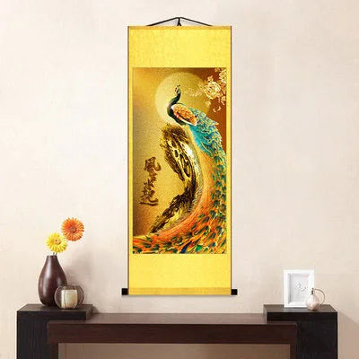Chinese Elegant Art Peacock Phoenix Painting Wall Art Hanging Scroll Living Room Corridor Decoration