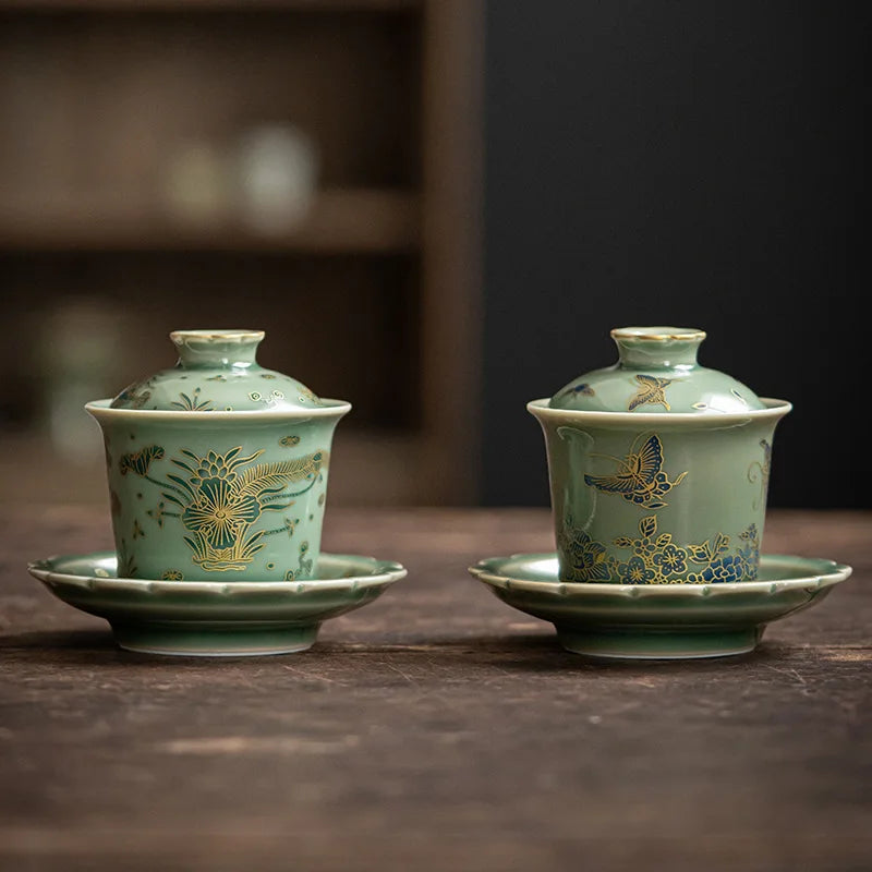 Chinese Elegant Gaiwan for Tea Jingdezhen Celadon Kung Fu Tea Tureen Handmade Ceramic Teaware Sancai Tea Bowl Cups