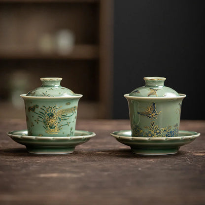 Chinese Elegant Gaiwan for Tea Jingdezhen Celadon Kung Fu Tea Tureen Handmade Ceramic Teaware Sancai Tea Bowl Cups