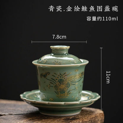 Chinese Elegant Gaiwan for Tea Jingdezhen Celadon Kung Fu Tea Tureen Handmade Ceramic Teaware Sancai Tea Bowl Cups