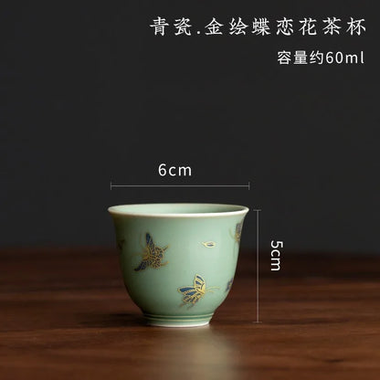 Chinese Elegant Gaiwan for Tea Jingdezhen Celadon Kung Fu Tea Tureen Handmade Ceramic Teaware Sancai Tea Bowl Cups
