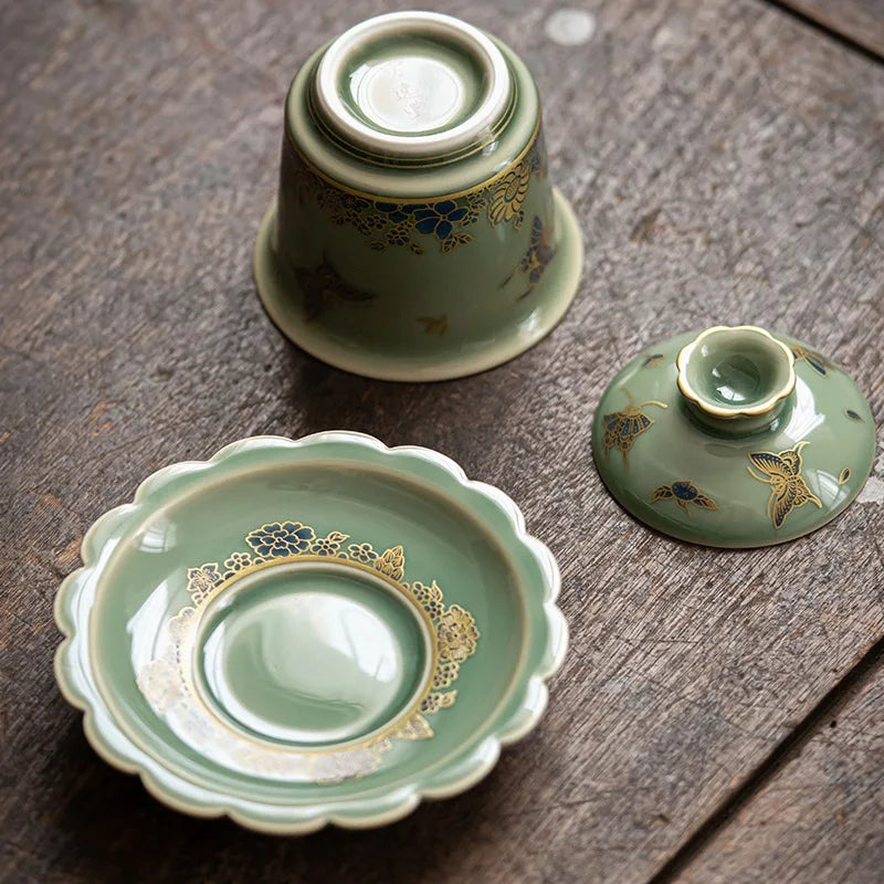 Chinese Elegant Gaiwan for Tea Jingdezhen Celadon Kung Fu Tea Tureen Handmade Ceramic Teaware Sancai Tea Bowl Cups