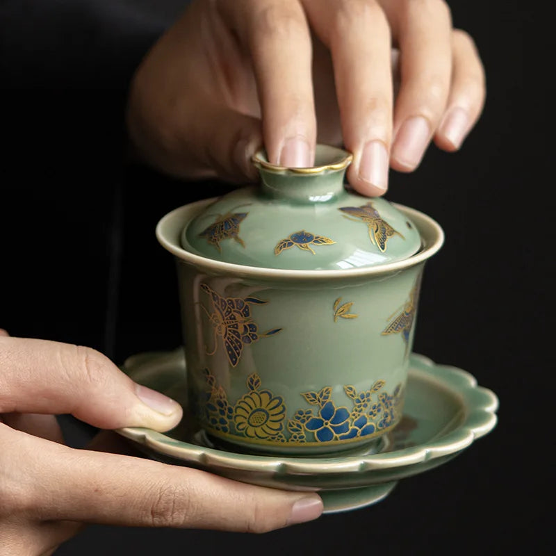Chinese Elegant Gaiwan for Tea Jingdezhen Celadon Kung Fu Tea Tureen Handmade Ceramic Teaware Sancai Tea Bowl Cups