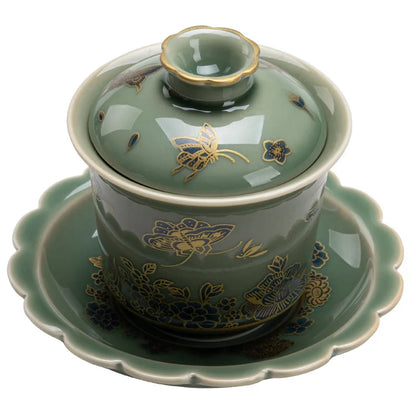 Chinese Elegant Gaiwan for Tea Jingdezhen Celadon Kung Fu Tea Tureen Handmade Ceramic Teaware Sancai Tea Bowl Cups