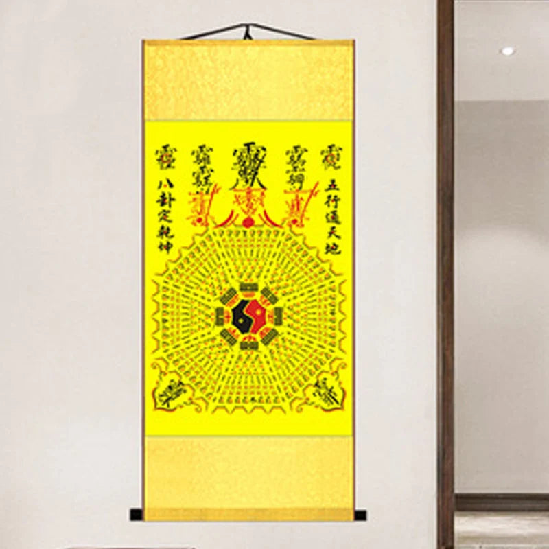 Chinese Exorcism Tool Eight Diagram Wall Art Hanging Silk Scroll Painting for Ward Off Evil Energy LIving Room Decoration
