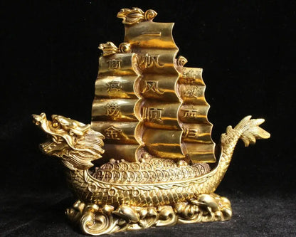 Chinese Feng Shui Bronze Brass Money YiFanFengShun Dragon Ship Boat Statue