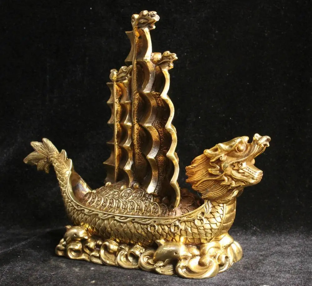 Chinese Feng Shui Bronze Brass Money YiFanFengShun Dragon Ship Boat Statue