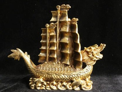 Chinese Feng Shui Bronze Brass Money YiFanFengShun Dragon Ship Boat Statue
