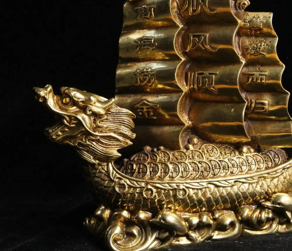 Chinese Feng Shui Bronze Brass Money YiFanFengShun Dragon Ship Boat Statue