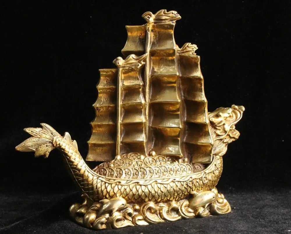 Chinese Feng Shui Bronze Brass Money YiFanFengShun Dragon Ship Boat Statue