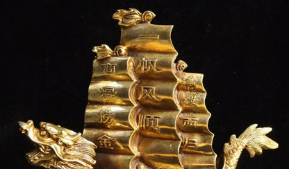 Chinese Feng Shui Bronze Brass Money YiFanFengShun Dragon Ship Boat Statue