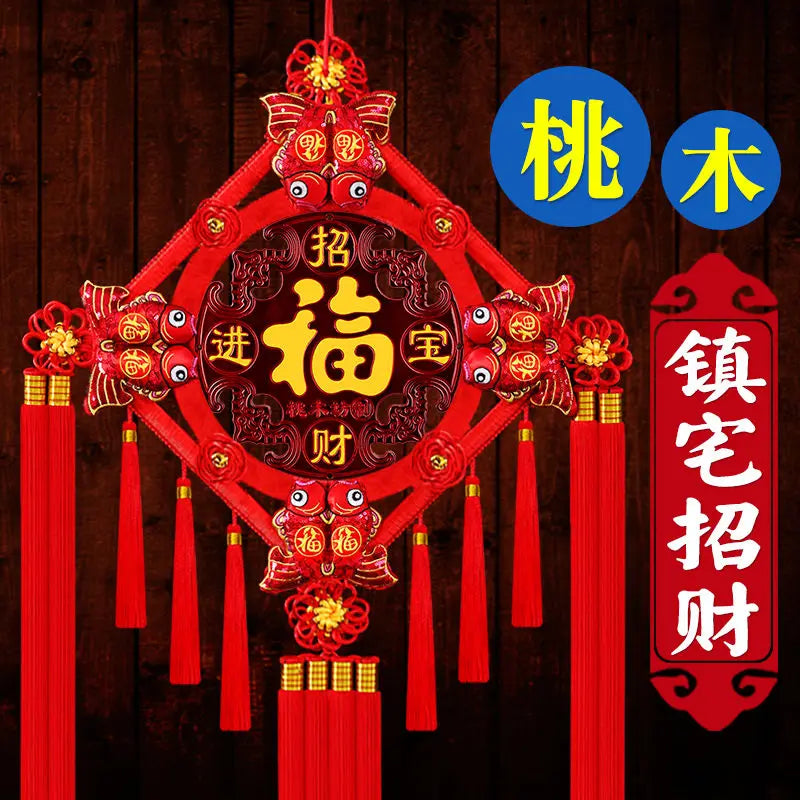 Chinese Feng Shui Peach wood Knock Handmade Red Enless Knot Home Decor Hanging Decoration Lucky Ornaments For Door  Christmas
