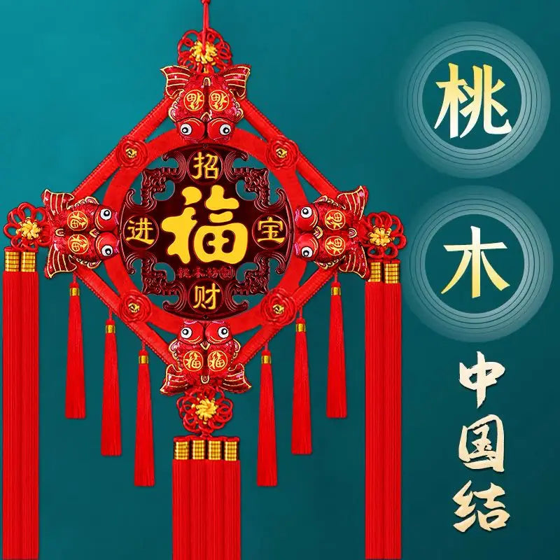 Chinese Feng Shui Peach wood Knock Handmade Red Enless Knot Home Decor Hanging Decoration Lucky Ornaments For Door  Christmas