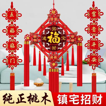 Chinese Feng Shui Peach wood Knock Handmade Red Enless Knot Home Decor Hanging Decoration Lucky Ornaments For Door  Christmas