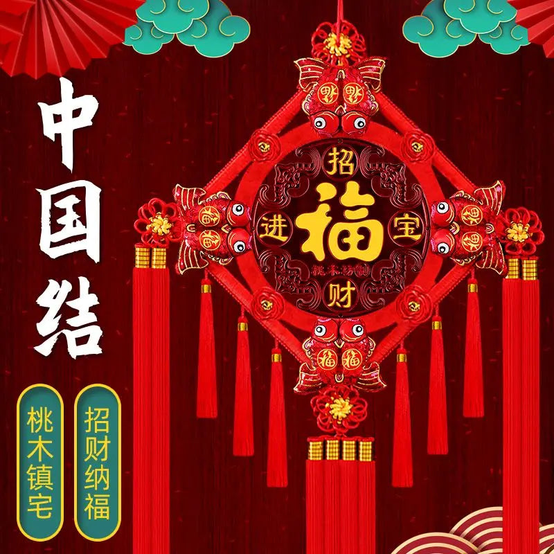 Chinese Feng Shui Peach wood Knock Handmade Red Enless Knot Home Decor Hanging Decoration Lucky Ornaments For Door  Christmas