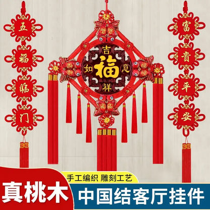 Chinese Feng Shui Peach wood Knock Handmade Red Enless Knot Home Decor Hanging Decoration Lucky Ornaments For Door  Christmas