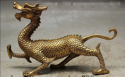 Chinese FengShui Brass Carved Palace Guard God Beast Dragon Statue Statuette