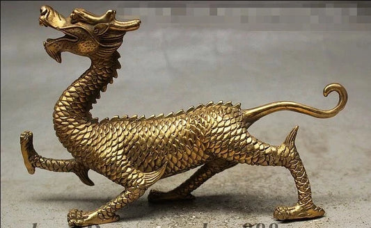 Chinese FengShui Brass Carved Palace Guard God Beast Dragon Statue Statuette