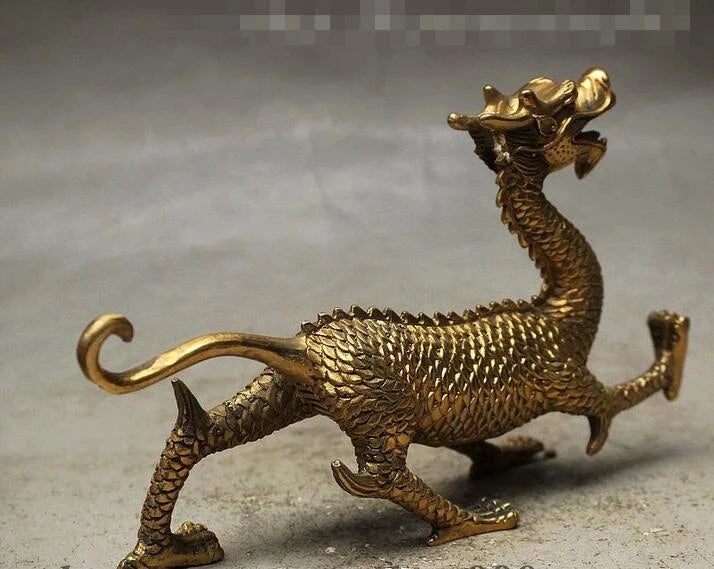 Chinese FengShui Brass Carved Palace Guard God Beast Dragon Statue Statuette