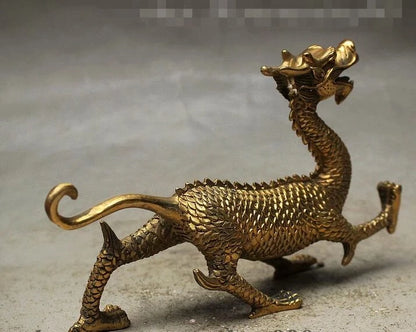 Chinese FengShui Brass Carved Palace Guard God Beast Dragon Statue Statuette
