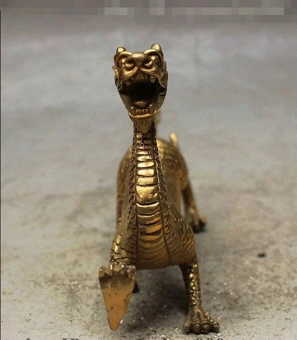Chinese FengShui Brass Carved Palace Guard God Beast Dragon Statue Statuette
