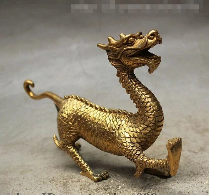 Chinese FengShui Brass Carved Palace Guard God Beast Dragon Statue Statuette