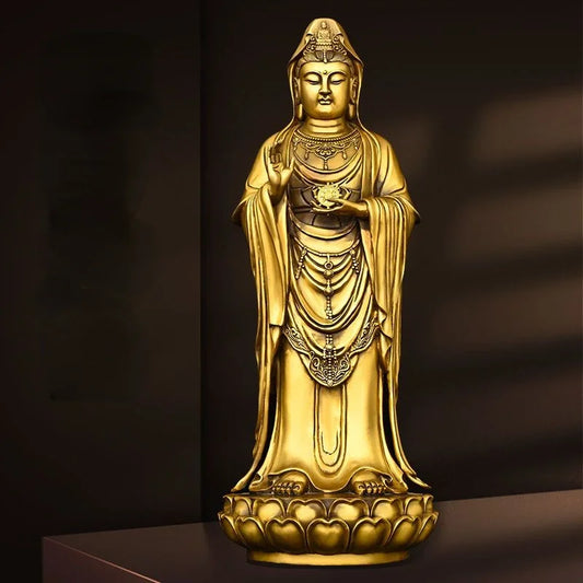 Chinese Fengshui Copper South Sea Goddess of Mercy Pendulum Bodhisattva Standing Lotus Flower Statues