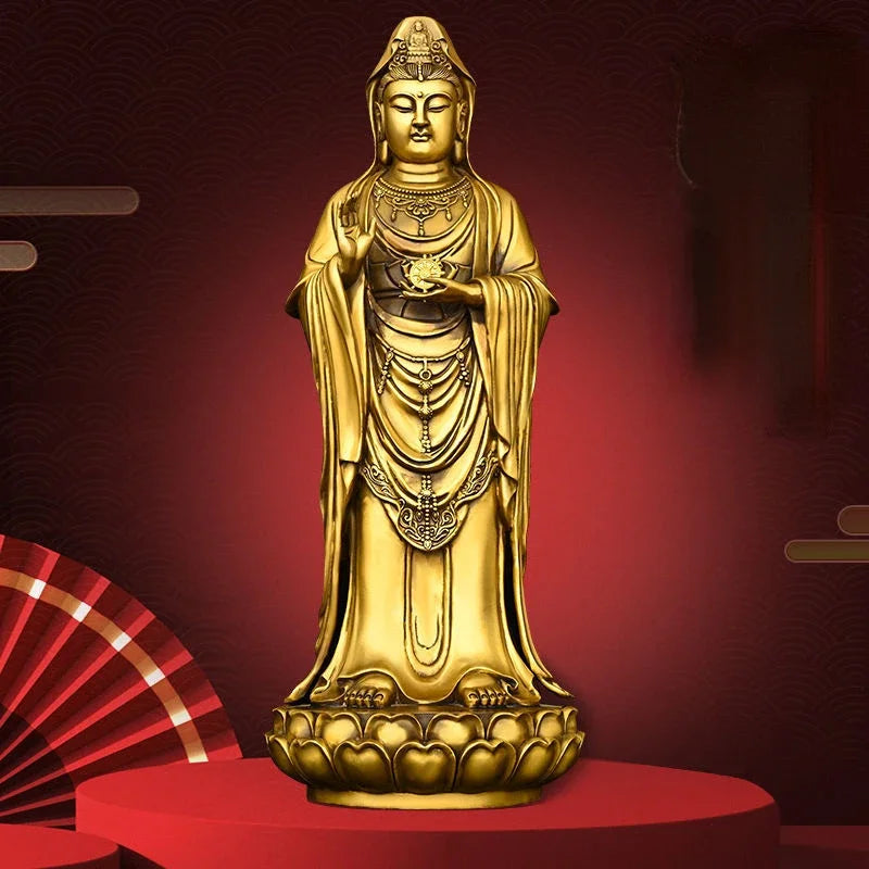 Chinese Fengshui Copper South Sea Goddess of Mercy Pendulum Bodhisattva Standing Lotus Flower Statues