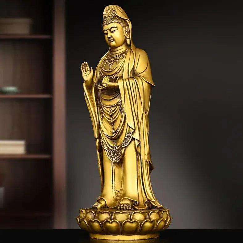 Chinese Fengshui Copper South Sea Goddess of Mercy Pendulum Bodhisattva Standing Lotus Flower Statues