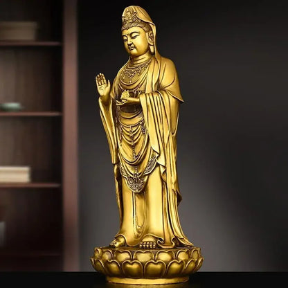 Chinese Fengshui Copper South Sea Goddess of Mercy Pendulum Bodhisattva Standing Lotus Flower Statues