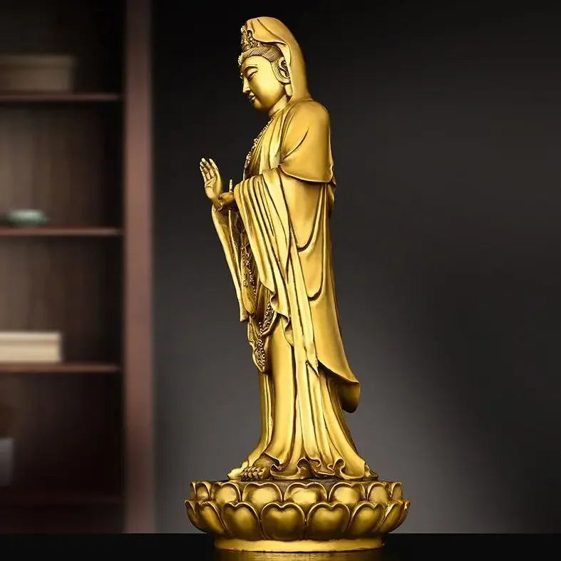 Chinese Fengshui Copper South Sea Goddess of Mercy Pendulum Bodhisattva Standing Lotus Flower Statues