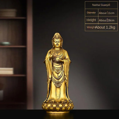 Chinese Fengshui Copper South Sea Goddess of Mercy Pendulum Bodhisattva Standing Lotus Flower Statues