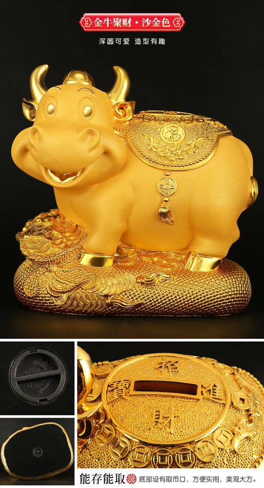 Chinese Fengshui golden Ox statue ox Year creative gift home decoration accessories ox piggy bank resin home decor