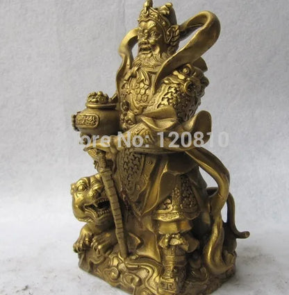 Chinese Folk Temple Refined Copper Brass Lucky Tiger God of wealth Buddha Statue