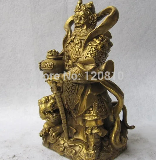 Chinese Folk Temple Refined Copper Brass Lucky Tiger God of wealth Buddha Statue