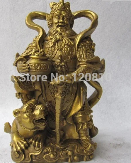 Chinese Folk Temple Refined Copper Brass Lucky Tiger God of wealth Buddha Statue