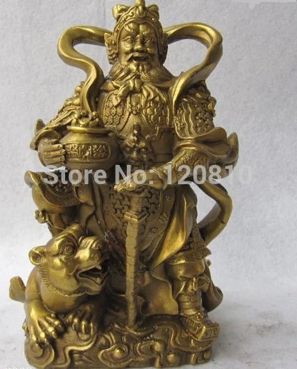 Chinese Folk Temple Refined Copper Brass Lucky Tiger God of wealth Buddha Statue