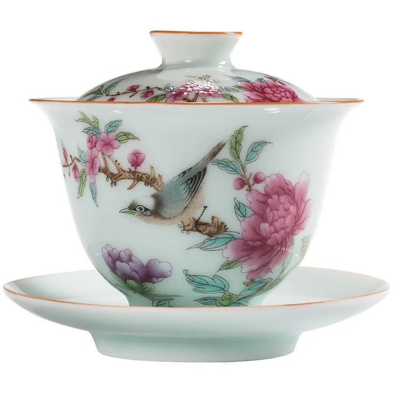 Chinese Gaiwan Handmade Kung Fu Hand-painted Tea Set San Cai Tea Cups Set Ceramic Tea Bowl with Saucer Porcelain Tureen