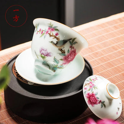 Chinese Gaiwan Handmade Kung Fu Hand-painted Tea Set San Cai Tea Cups Set Ceramic Tea Bowl with Saucer Porcelain Tureen