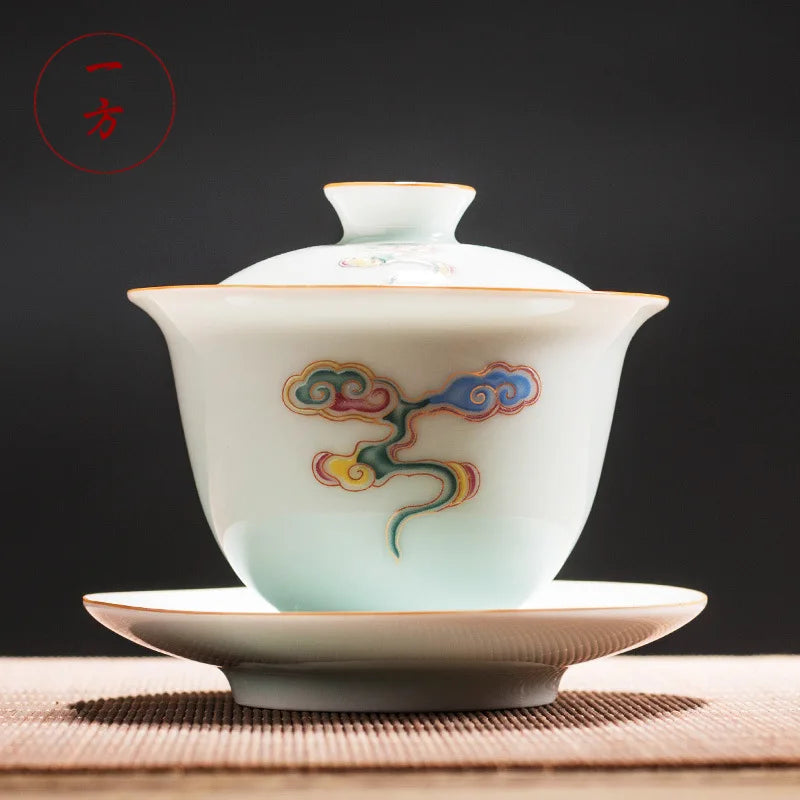 Chinese Gaiwan Handmade Kung Fu Hand-painted Tea Set San Cai Tea Cups Set Ceramic Tea Bowl with Saucer Porcelain Tureen