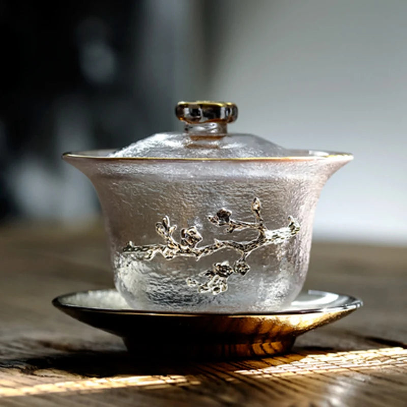 Chinese Gaiwan Tea Set with Saucer, Crystal Glass, Kung Fu Tea Cup, Ceremony Tea Cup, 150ml
