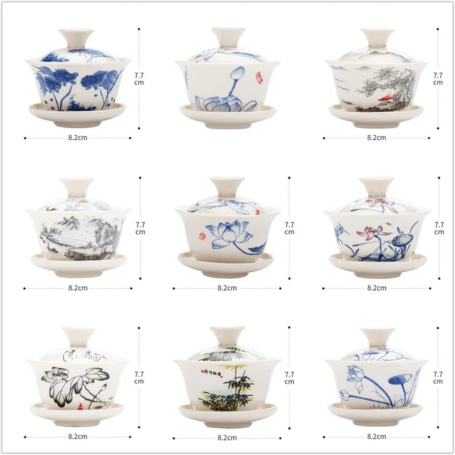 Chinese Gawian Ceramic Handcrafted Tea Tureen Set with Saucers Essential Teaware Authentic Gongfu Tea Bowl Cups