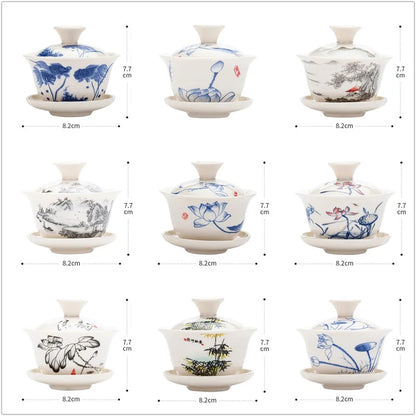 Chinese Gawian Ceramic Handcrafted Tea Tureen Set with Saucers Essential Teaware Authentic Gongfu Tea Bowl Cups