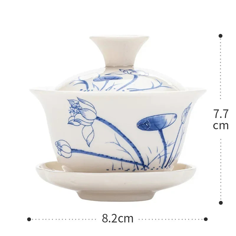 Chinese Gawian Ceramic Handcrafted Tea Tureen Set with Saucers Essential Teaware Authentic Gongfu Tea Bowl Cups