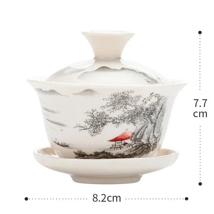 Chinese Gawian Ceramic Handcrafted Tea Tureen Set with Saucers Essential Teaware Authentic Gongfu Tea Bowl Cups