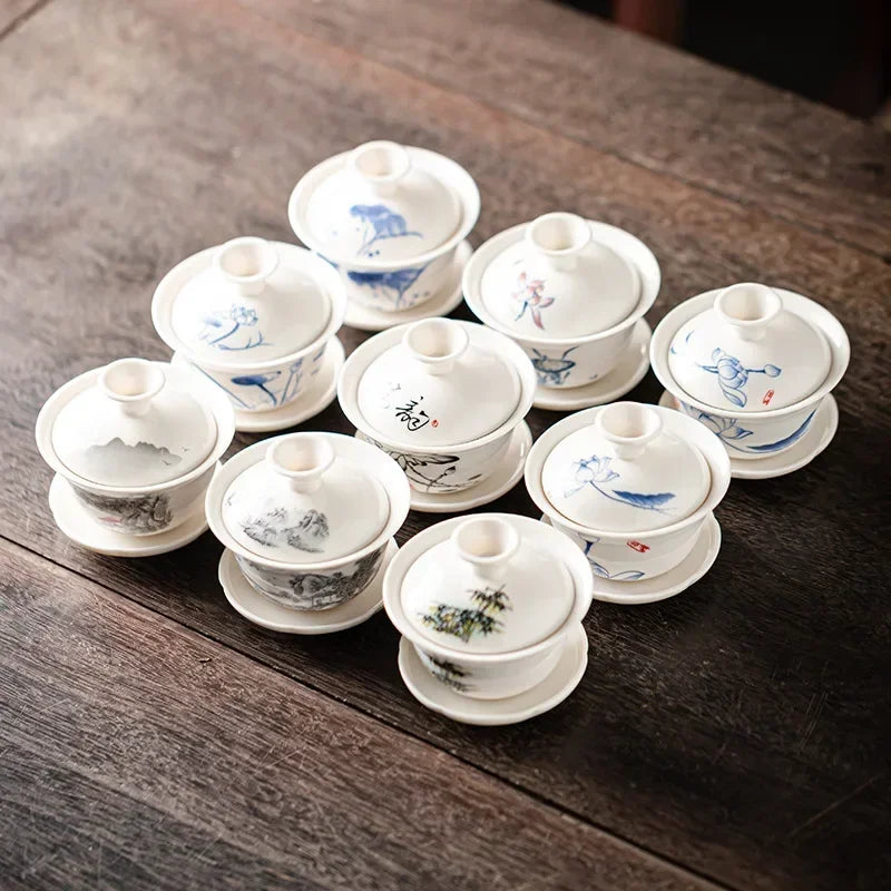 Chinese Gawian Ceramic Handcrafted Tea Tureen Set with Saucers Essential Teaware Authentic Gongfu Tea Bowl Cups
